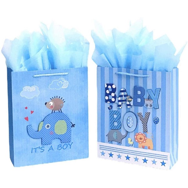 12.5" Medium Baby Gift Bags with Tissue Papers for Baby Showers 2-Pack (Blue)