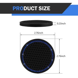 Polcatay Car Cup Holder Coaster, Sparkling Rhinestone Border Decorative Non-Slip Honeycomb Drink Mat, 2.75" Thickened Silicone Round Insulated Waterproof Coaster, for Most Cars (Blue & Black)