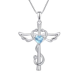 STARCHENIE Stethoscope Cross Pendant Necklace 925 Sterling Silver Angel Wings Heart Nurse Jewelry for Women March Aquamarine