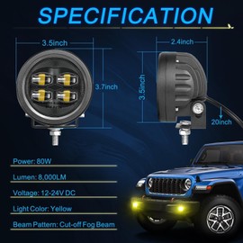 SAE Yellow Fog Lights, ACEC SHOP 2PCS 80W 3.5Inch Round LED Fog Lights DOT Approved Street Legal Amber Pods Off Road Driving Light for Truck Pickup Wrangler Tacoma Tundra F150 UTV SUV ATV Motorcycle