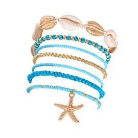 7Pcs Shell Bracelet for Women Girls Gold Layered Beach Seashell Bracelet Anklet Bohemian Huggie Beaded Vintage Starfish Stackable Fringe Woven Charm Bracelets Charm Accessories Jewelry Gifts(Blue)