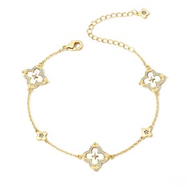 FEEL STYLE Clover Bracelet for Women - 14K Gold/Silver Plated Charm Bracelet with Mother of Pearl & Cubic Zirconia - Lucky Four Leaf Jewelry Gift Adjustable 6.5"+2" Extender (GOLD)
