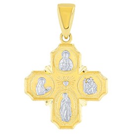 Jewelry America Solid 14K Yellow Gold Dainty Four Way Cross Charm with God Bless You Pendant, Yellow Gold
