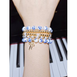 HJGPL 5 Pieces Multilayer Pearl Beaded Bow Bracelet Blue and White Porcelain Gold Silver Beads friendship bracelet set for women (Gold Bow)