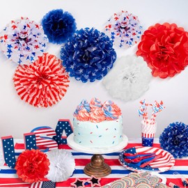 EASY JOY Red White Blue 4th of July Patriotic Decorations American Patriotic Tissue Paper Pom Pom Independence Day Party Decoration Independence Day USA Party Supplies Memorial Ve Day 80th Anniversary