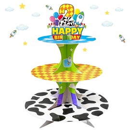 3-Tier 2nd Birthday Cartoon Story Cupcake Stand Rocket Theme Party Supplies