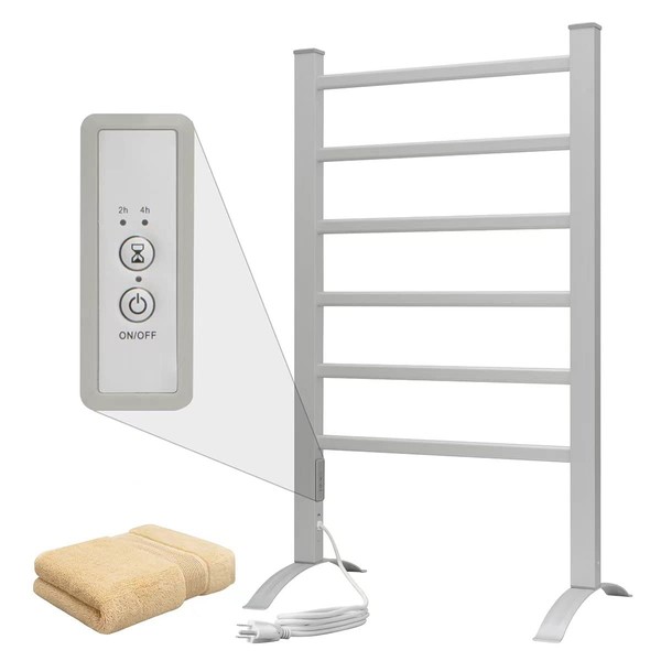 KEG Towel Warmer 6 Bars for Bathroom Freestanding or Wall Mounted Bath Towel Heater Plug-in with Built-in Timer Silver