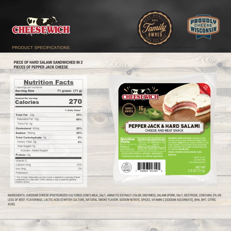 Cheesewich Protein Snacks - Colby Jack & Hard Salami Slices,