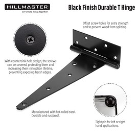 HILLMASTER 12 Inch T-Strap Heavy Duty Shed Door Hinges Gate Strap Hinges Black Tee Hinge Wrought Hardware for Wooden Fences,Yard,Barn Door,Rustproof (6 Pack)