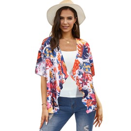 STYLEWORD Kimono Cardigans for Women Lightweight Summer Short Sleeve Sheer Boho Kimonos Beach Coverups 2024(Floral 06-L)