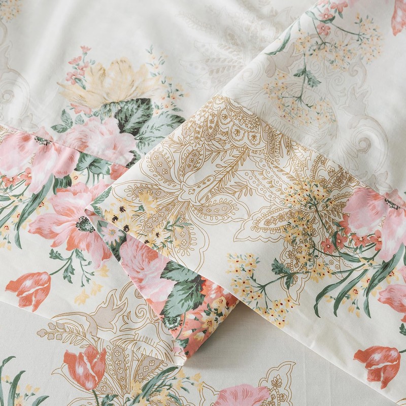 Zusbest King Floral Bed Sheets, Soft 100% Cotton Pink &
