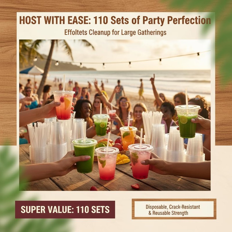 Voatree 110 Pack 16 oz Plastic Cups with Lids and