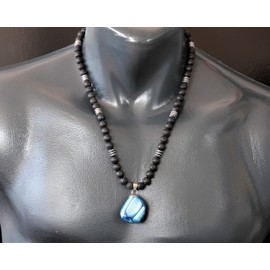 ElisaJewelryArt - Natural Blue Agate Crystal Pendant Black Lava Stone Beaded Necklace Genuine Gemstone Truth Stone Clasp Closure Necklace Unisex Necklace (22, Blue Agate)