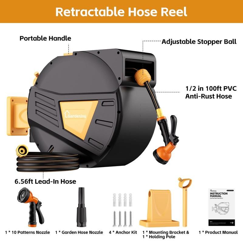 GardenJoy Retractable Garden Hose Reel-1/2in-100ft-Orange - Length: 1/2in-65ft