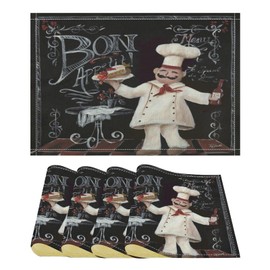 Vintage Kitchen Chef Placemats for Dining Table, Abstract Medieval Fat Chef Linen Table Place Mat Sets for Indoor Outdoor Party, Set of 4, Heat Resistant Washable Non-Slip (18" L x 12" W)