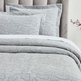 Superior 3 Piece Cotton Bedspread Set, Home Bed Decor, Decorative Bed Spread, 2 Pillow Shams, Medium Weight Blanket, Matelasse Coverlet, Bedding, Hibiscus Collection, California King, Grey