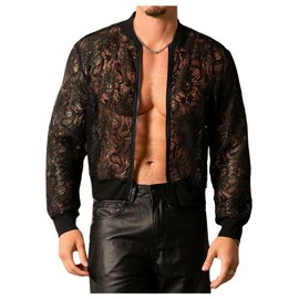 WDIRARA Men's Sheer Floral Lace Bomber Jackets Long Sleeve See Through Coats Zip Up Outerwear Mesh Black Medium