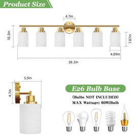 Guliaofo 6-Light Gold Bathroom Light Fixture, Bathroom Vanity Light Fixture Over Mirror, Bathroom Wall Lights with Milky White Frosted Glass Shade, Brushed Gold Vanity Light Fixture, E26 Base