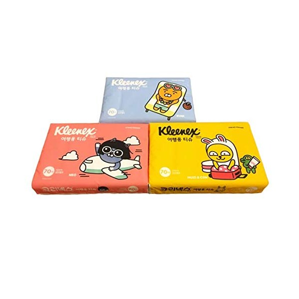 Travel Pocket Tissues Packs (Soft Pack) 70 Counts Each 3packs, 210 Tissues Total, cute character tissue for kid, school, travel, camping, office, car
