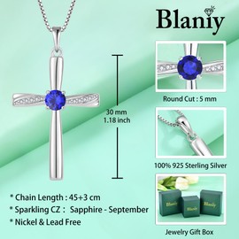 Blaniy Cross Necklace 925 Sterling Silver Sapphire Necklace September Birthstone Pendant Stylish Minimalist Christian Religious Jewelry Gifts for Women