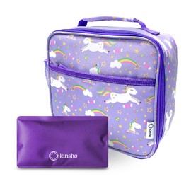 kinsho Lunch Bag for Girls with Ice Pack, Insulated Kids Lunch-Box for Toddlers Baby Girl Daycare Pre-School Kindergarten, Large Snack Container Boxes for Kid Lunches, Fits Bento, Purple Unicorn