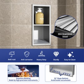 Bernkot Shower Niche, 304 Stainless Steel Wall Niche Shower Stool for Bathroom, Recessed Shower Footrest w/Over Mount Installation, No Tile Need (Brushed, 12.3''x6'')