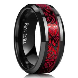 King Will 9mm Dragon Men Black Stainless Steel Red Carbon Fibre & Black Celtic Dragon Inlay Wedding Ring For Men And Women 9