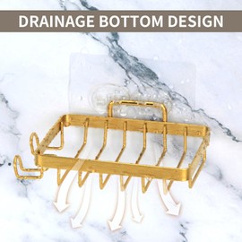 Snailhouse Soap Dish for Shower, Wall Self Draining Adhesive Hanging Stainless Steel Bathroom Bathtub Bar Soap Holder Tray Caddy with 2 Hooks, Gold