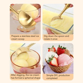 Stainless Steel Ice Cream Scoop, Multipurpose Cookie Scoop with Long Handle Fruit Melon Baller Scooper Antistick Ice Cream Ball Tongs (Gold)