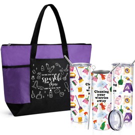 Sieral Christmas Housekeeping Week Appreciation Gifts for Housekeeper Team Employee Staff Coworker Inspirational Stainless Steel Tumbler with Straw & Lid & Brush 20 oz and Large Tote Bag(Purple)