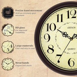 Vintage 12" Silent Wall Clock, Retro Round Battery Operated Decorative Clock with Large Numbers, Unique Hands for Bedroom Kitchen Office Living Room Café Decor (Red-Brown)