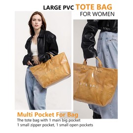 Women's Large PVC Tote Bag – Letters Print Kraft Paper Carry All Bag Top Handle Clear Hobo Handbag (Brown)