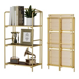 Crofy Crofy No Assembly Folding Bookshelf for Living Room, 3 Tier Gold Collapsible Book Shelf for Home Office, Portable Bookcase Storage Organizer