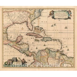 Historic Map : The Caribbean, Florida, Central America and Terra Firma, Visscher, 1680, Vintage Wall D?or : 24in x 20in
