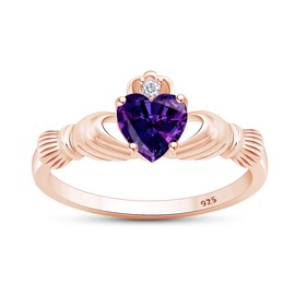 Jewel Zone US Heart Cut Simulated Alexandrite & Cubic Zirconia Claddagh Ring In 14k Rose Gold Over Sterling Silver Jewelry Gift For Her Ring Size-8.5