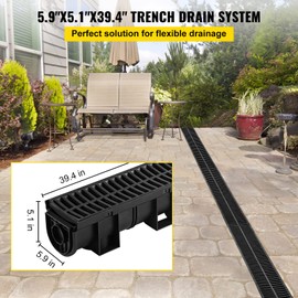 VEVOR Trench Drain System with Plastic Grate, 5.9x5.1-Inch HDPE Channel Drainage for Garden, Driveway - 6 Pack