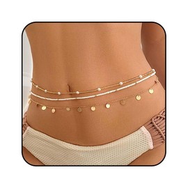 Reaky Boho Layered Sequins Waist Belly Chains Gold Beaded Waist Chain 3 Pcs Pearl Body Chains for Women
