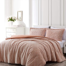 Chezmoi Collection 3-Piece Embossed Velvet Comforter Set Full Size, Apricot Orange - Soft Plush Velvet Bedding Set with 2 Pillow Shams for All Seasons with Washed Microfiber Reverse