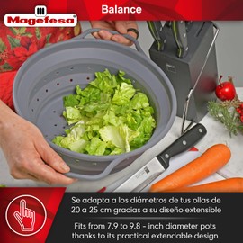 Magefesa Balance Foldable Drainer, 8-10 Inch, Stainless Steel Ring & Food-Safe Silicone, High-Temperature Resistant, Collapsible Strainer for Kitchen & Cooking