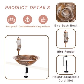 DREAMSOUL Deck Bird Bath with Feeder, 13" Bird Bath for Outside with Adjustable Sturdy Steel Clamp, Metal Birdbath Bowl for Railing Balcony Patio Decor