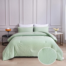 CinYana Sage Green Jacquard Comforter Set King Size Leaf Comforter Boho Bedding Set 3 PCS Soft All-Season Luxury Bedding(Sage Green,King)