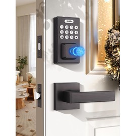 Tinewa Square Keyless Entry Door Lock with 2 Lever Handles, Fingerprint Entry Door Handleset, Digital Deadbolt with App, Auto Lock & One Touch Locking, Front Smart Door Handle Sets, Oil Rubbed Bronze