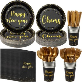 175pcs Happy New Year Paper Plates and Napkins Set,Disposable Dinnerware Set Black Gold Foil Dots Plates Napkins Cups Knife Fork Spoon for 2025 New Years Eve Dinner Decorations and Supplies,Serve 25