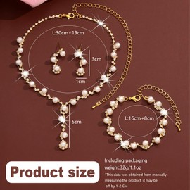 XFSRG Jewellery Sets for Women Pearl Necklace Earrings Bracelet Set with Pearls and Cubic Zirconia Fashionable Elegant Jewellery Bridal Drops, Copper