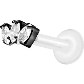 PIERCINGLINE PTFE Labret with Internal Thread | Titanium Attachment 3 Crystal Drops | Piercing Lip Nose Ear Helix | Choice of Colours and Sizes, PTFE / titanium (grade 23)