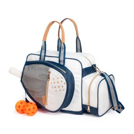 Net & Style Pickleball Bag Women Stylish Tote Large Capacity Paddle Holder Shoe Compartment Elegant Lightweight Design Durable Zipper Pockets Fence Hook White Navy Court Gym Travel Organizer