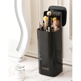 STORICANS Makeup Brush Holder with Lid,4 Slots Automatic Lifting Dustproof Make up Brush Organiser Makeup Brushes Case Make up Cosmetics Organizer Storage for Dressing Table,Vanity,Gold-Black