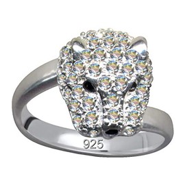Silver ring leopard head leopard head real sterling silver 925 zirconia crystals love faith hope motif style extravagant new good beautiful fashionable white clear transparent