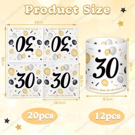Pack of 20 Napkins 30th Birthday + 12 Pieces Lantern Table Decoration 30th Birthday + 500 Pieces Confetti for 30th Birthday, Decoration 30th Birthday Man Woman 30 Years Happy Birthday Table Decoration