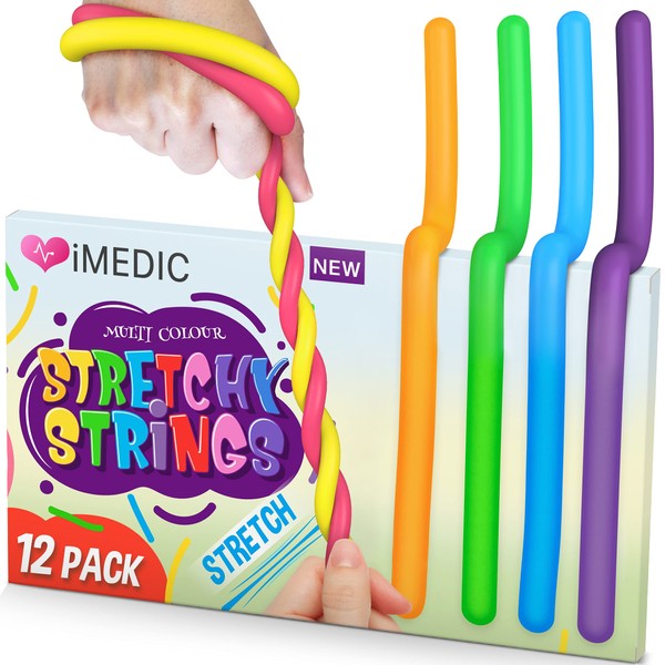 iMedic 12pcs Squishy Stretchy Strings - Sensory Toys - Monkey Noodles Fidget Toy - Fidget Toys For Children or Adults, Autism and Special Needs, Reduce Anxiety and Stress